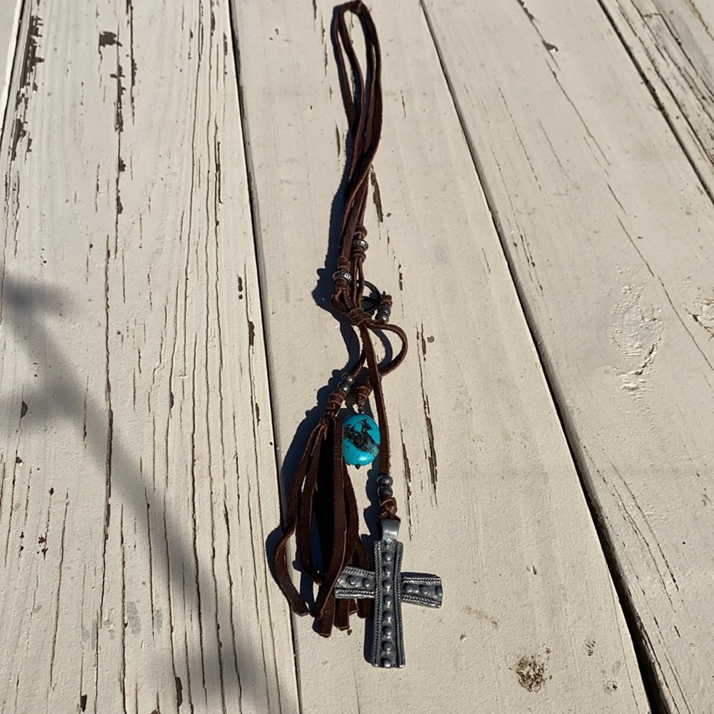 Real leather necklace with silver charms and turquoise